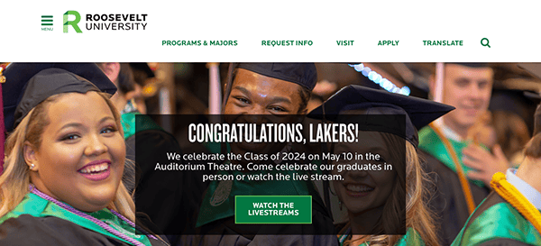 Diverse group of graduating students smiling and wearing caps and gowns, with a banner reading "congratulations, lakers!" on a university website.