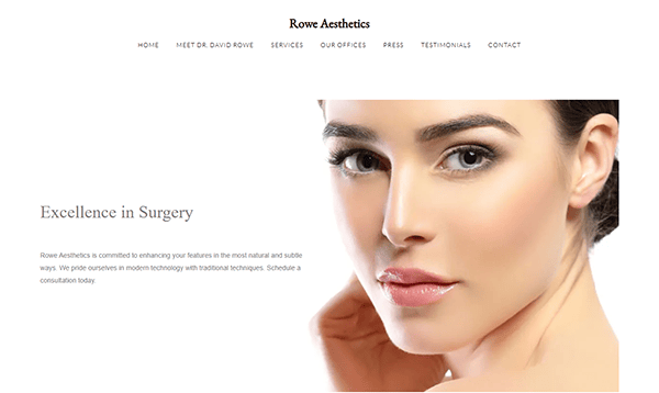 Close-up of a woman's flawless skin on a cosmetic surgery site, featuring "Excellence in Surgery" and a top navigation menu—an inspiring example of Plastic Surgeon Website Designs.