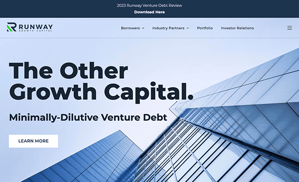 Website homepage of "Runway" featuring a sleek design with a headline "The Other Growth Capital" and a background image of a modern glass building facade.