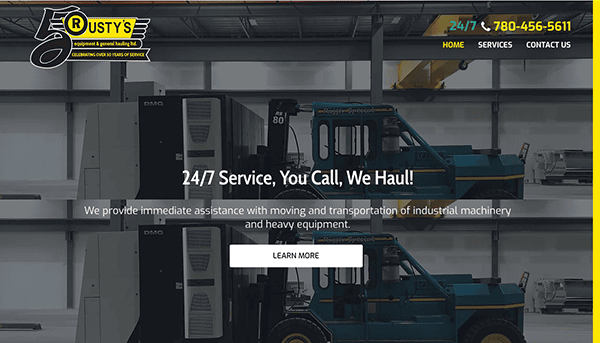 Website banner for rusty's industrial moving featuring a forklift in a warehouse with contact information and a tagline that reads "24/7 service, you call, we haul!.