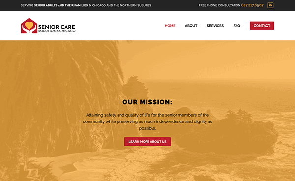 Website landing page for "Senior Care Solutions Chicago" featuring their mission statement about ensuring safety and quality of life for seniors. There's a header menu and a button labeled "Learn More About Us.