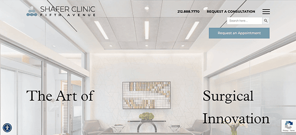 Website homepage for Shafer Clinic Fifth Avenue featuring a clean, modern reception area with the tagline "The Art of Surgical Innovation.