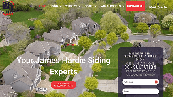 Aerial view of a residential neighborhood with text overlay promoting James Hardie siding services and a no-obligation consultation in the St. Louis metro area. Contact information and call-to-action buttons are visible.