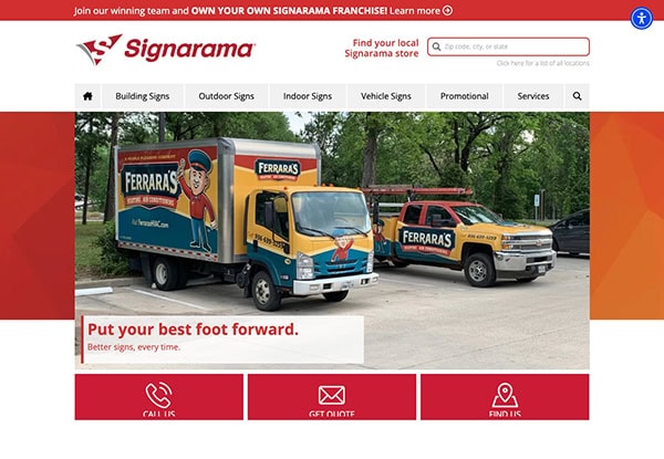 A webpage for signarama featuring an advertisement with vehicles displaying custom signs, including a branded delivery truck and suv parked outdoors.