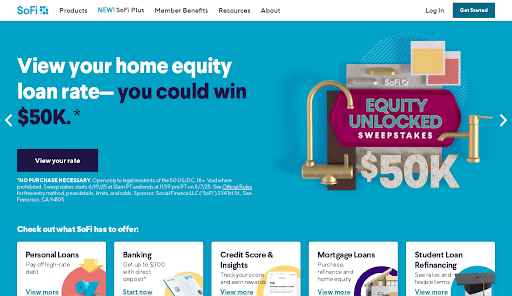 A fintech website design from SoFi promotes the EQUITY UNLOCKED SWEEPSTAKES $50K, using strong conversion tactics. A golden key, cash imagery, and clear UX guide users to view their home equity loan rate for a chance to win. Menu and buttons are visible.