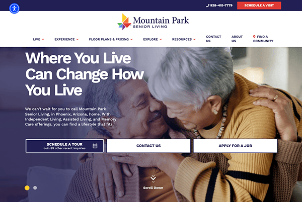 Elderly couple smiling and embracing in promotional image for Mountain Park Senior Living. Text includes "Where You Live Can Change How You Live" and contact options.