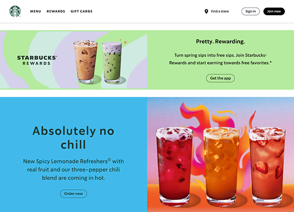 Website banner for starbucks featuring iced drinks; text promotes new lemonade refreshers and a rewards app with pastel background.