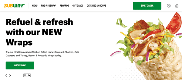 Subway website homepage featuring a banner promoting new wraps with an image of a close-up wrap and a "order now" button.