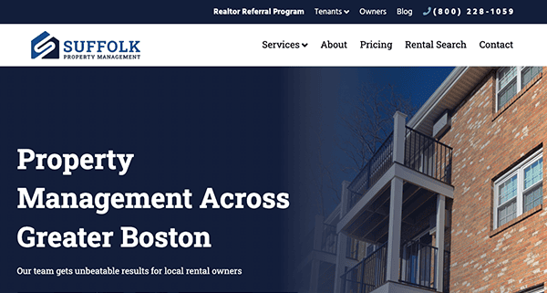 Website homepage of Suffolk Property Management featuring a banner with text about services in Greater Boston and an image of an apartment building.