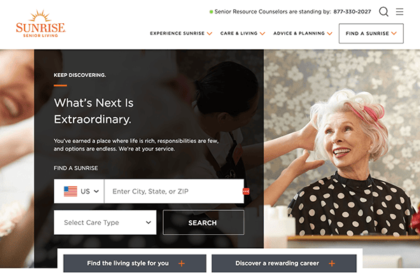 Sunrise Senior Living website homepage showing an older woman smiling, with text inviting users to search for senior living locations and explore living and career opportunities.