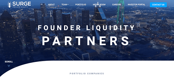 Homepage screenshot of Surge Private Equity featuring a skyline view with "Founder Liquidity Partners" text overlay.