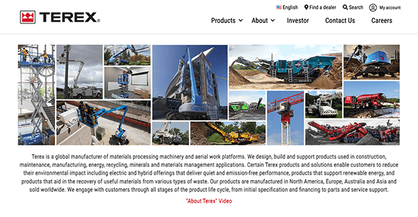 Collage of eight images depicting various terex industrial machinery in operation at construction and mining sites, accompanied by a brief company overview on their website.