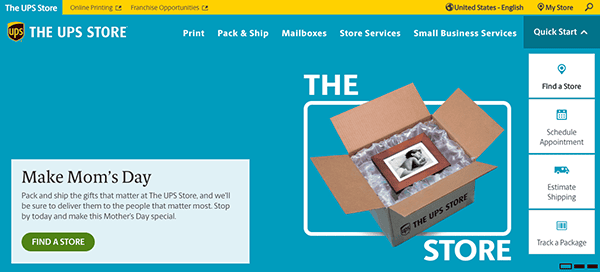 Website screenshot of the ups store featuring services like online printing and packing, with a highlighted image of a framed photo packaged in a box.