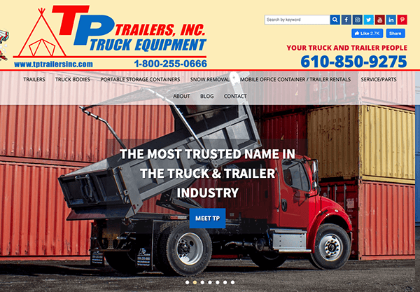 Website homepage for tp trailers, inc. featuring a red truck with an open trailer, company logo, contact info, and navigation menu against a background of stacked red containers.