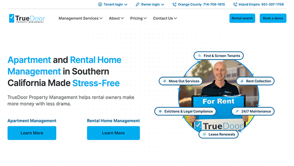 Homepage of TrueDoor Property Management website, featuring navigation tabs, service options like "Rent Collection" and smiling male employee beside "For 24/7 Maintenance" service icon.