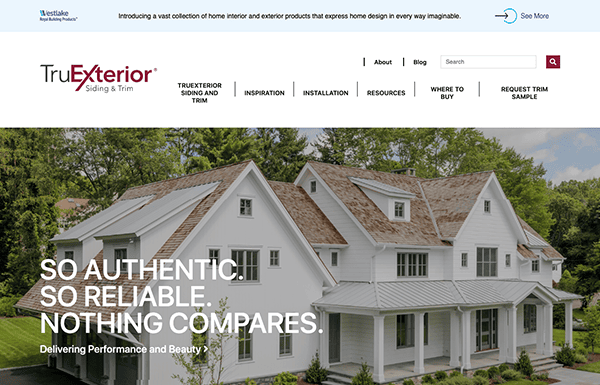 Screenshot of the TruExterior Siding & Trim website homepage featuring a large white house with text overlay stating, "So Authentic. So Reliable. Nothing Compares." and navigation menus at the top.