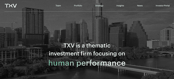 Website homepage with a grayscale city skyline background; overlay text states "TXV is a thematic investment firm focusing on human performance.