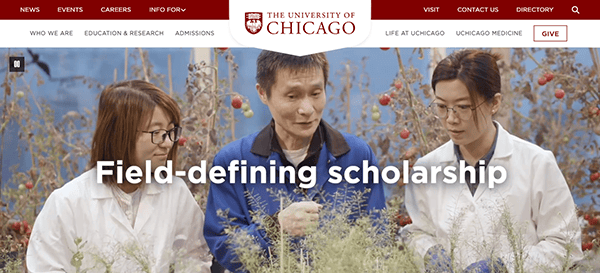 Three scientists examining plants in a field, with "field-defining scholarship" text overlay, on the university of chicago website page header.