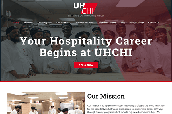 A group of chefs in white uniforms and hats stand smiling in a kitchen. The text reads, Your Hospitality Career Begins at UHCHI, with an Apply Now button below.