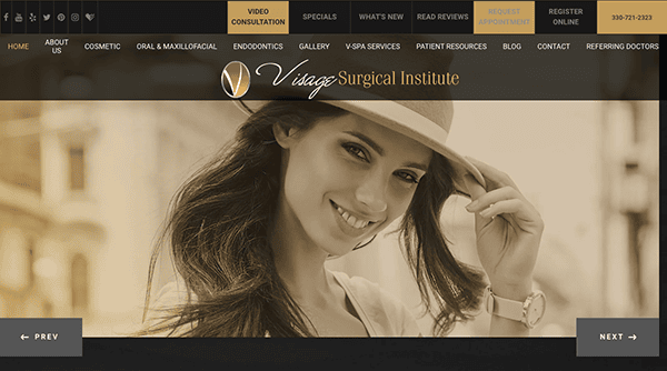 A smiling woman in a sunhat on the homepage of the Village Surgical Institute website, featuring navigation menus and contact information.