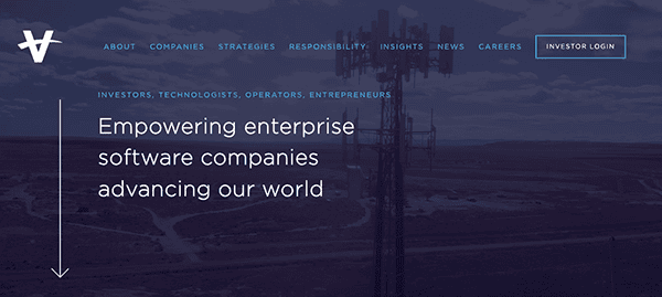 Homepage of a corporate website featuring a banner with cell towers in a desert, overlaid with text about empowering enterprise software companies.