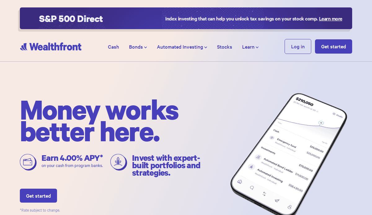 Screenshot of Wealthfront’s fintech website design featuring a purple theme, “Money works better here” headline, a phone displaying an account overview, and buttons to get started or log in. Text highlights 4.00% APY and automated investing.