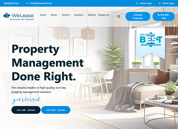 Screenshot of "We Lease" property management website homepage featuring a clean, modern design with an office interior image.