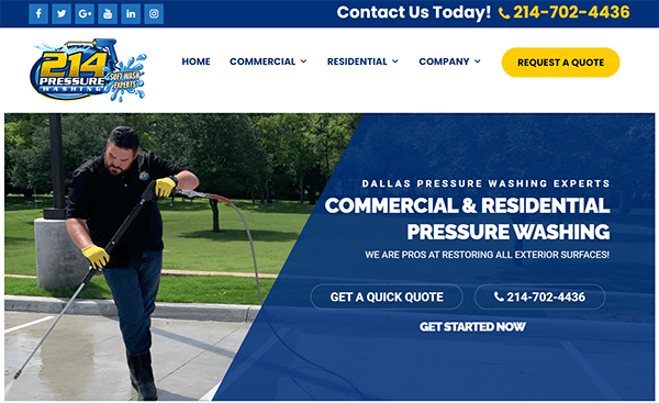 Worker wearing gloves and safety goggles operates a pressure washer on a concrete surface. Text reads "Dallas Pressure Washing Experts: Commercial & Residential Pressure Washing." Contact info displayed.