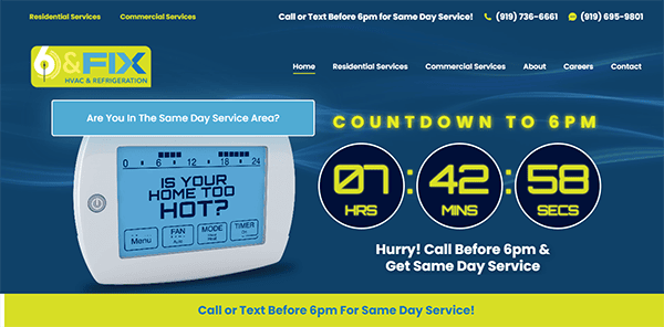 A countdown timer on an HVAC service website shows 07 hours, 42 minutes, and 58 seconds remaining for same-day service. The website offers residential and commercial HVAC services with contact numbers displayed.