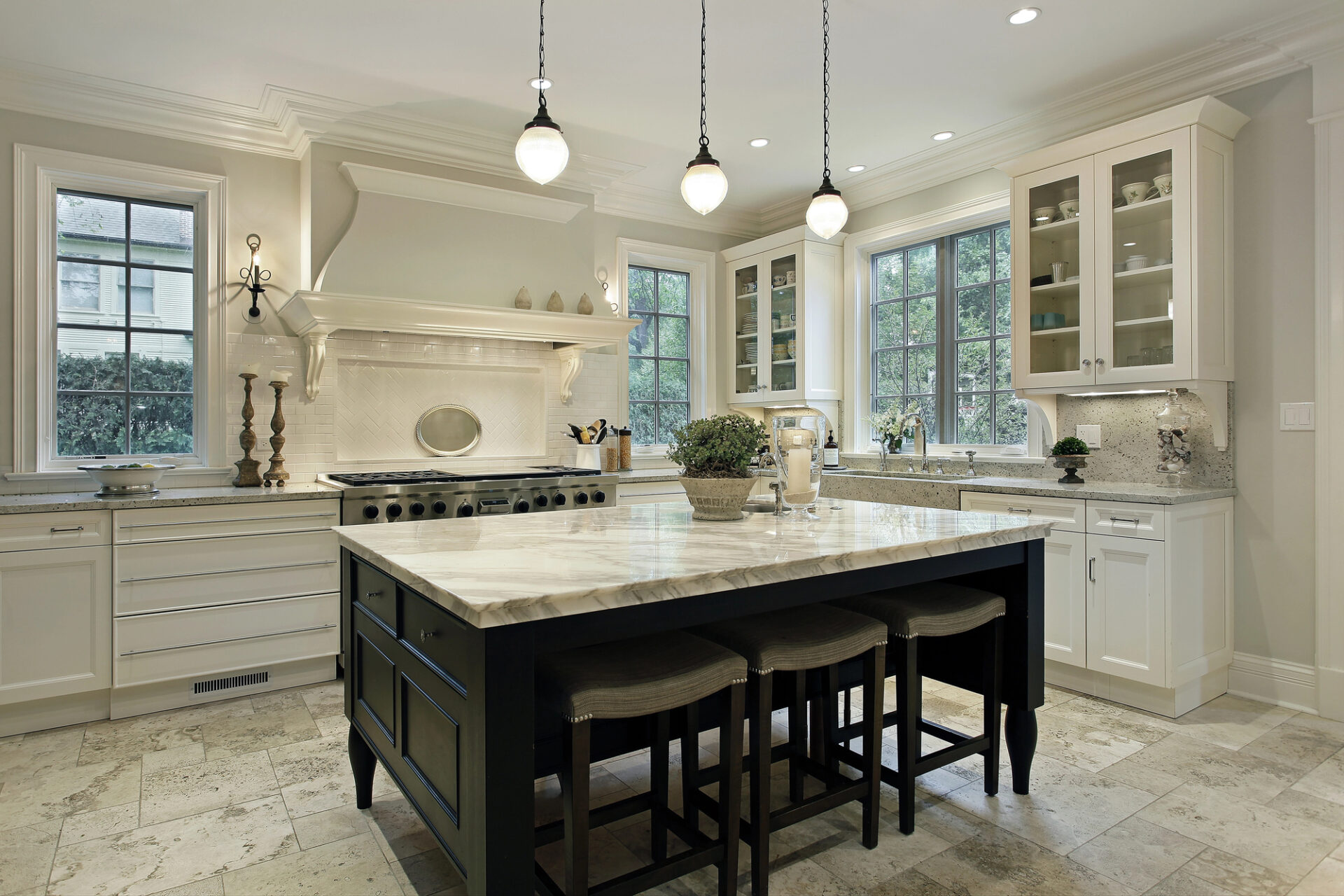 Luxury modern kitchen showcasing premium countertops and custom cabinetry