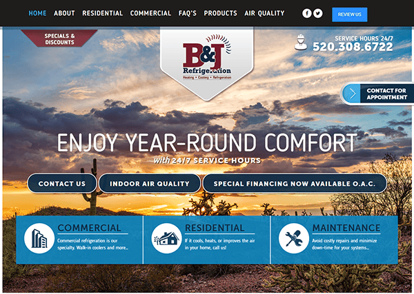 Homepage of B&I Refrigeration featuring service options, contact info, a scenic outdoor background, and a promo for year-round comfort and 24/7 service—showcasing one of the best HVAC websites with top-notch HVAC web design.