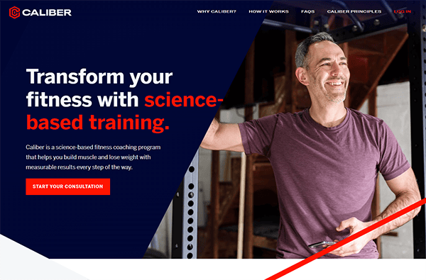 A man in a purple t-shirt smiles while standing next to gym equipment. Text on the image promotes a science-based fitness training program with a call to action to start a consultation.
