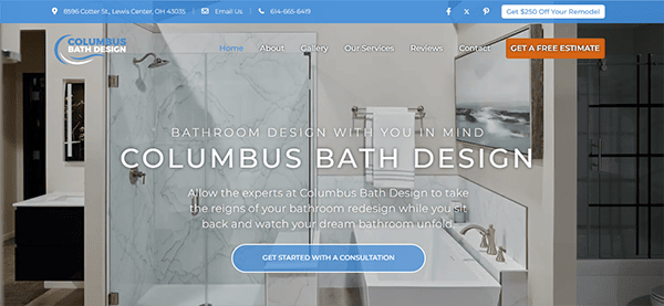 Screenshot of Columbus Bath Design's website homepage, showing a modern bathroom image, company logo, navigation menu, contact details, and promotional buttons for estimates and consultations.