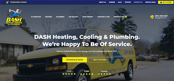 Website homepage of DASH Heating, Cooling & Plumbing, featuring contact information, services offered, and an image of a yellow service van with the company logo parked in front of a building.