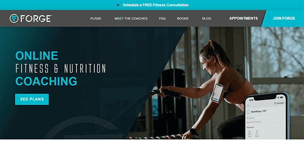 A woman exercises indoors with fitness equipment, while a smartphone screen displays a workout app. Overlay text reads "ONLINE FITNESS & NUTRITION COACHING" and website navigation links are visible.