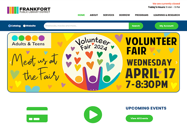 Frankfort Public Library District website page showing a colorful banner for the Volunteer Fair 2024, scheduled for Wednesday, April 17, 7–8:30 PM, with hearts and text inviting adults and teens to attend.