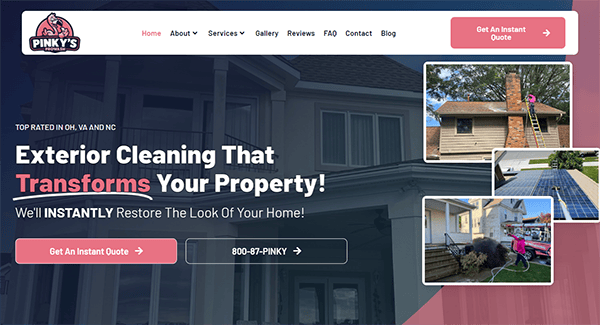 Screenshot of a website for Pinky's exterior cleaning services, highlighting transformation through cleaning. The page includes a navigation menu, contact number, instant quote buttons, and service examples in images.