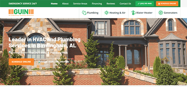 Screenshot of a website homepage for Guin Services, a company offering HVAC and plumbing services in Birmingham, AL. Includes buttons for scheduling online and emergency contact information.