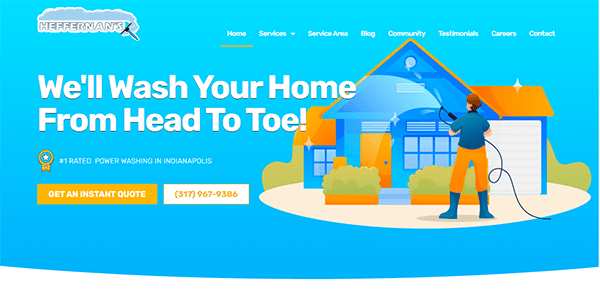 A person power washes the side of a house. Text reads: "We'll Wash Your Home From Head To Toe!" and "Get an instant quote." Company name is Heffernan's Power Washing. Phone number: (317) 967-9386.
