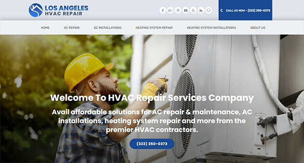 A person in a blue uniform inspects an outdoor HVAC unit. Text on the image promotes HVAC repair and maintenance services from Los Angeles HVAC Repair. Contact number and social media icons are displayed.