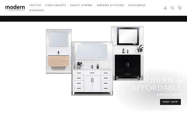 Website featuring modern bathroom vanities in different styles with the text "Modern & Affordable Bathroom Products" and a "Shop Now" button.