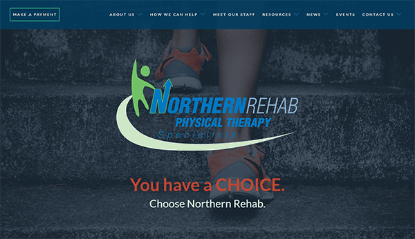 A close-up of a person in athletic shoes standing on a step. Text: "You have a CHOICE. Choose Northern Rehab." Logo: Northern Rehab Physical Therapy Specialists. .