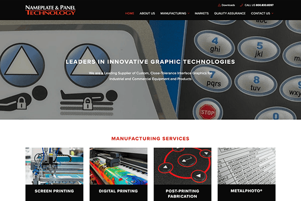 Website homepage for Nameplate & Panel Technology featuring navigation menus, contact info, industrial graphics images, and comprehensive sections on screen printing, digital printing, post-printing fabrication, and metalphoto. Discover how Nameplate & Panel Technology delivers top-quality solutions tailored to your needs.