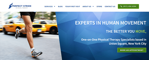 A runner's legs in motion with taxis in the background. Text on a banner reads: "Experts in Human Movement. The Better You Move," followed by appointment booking info for Perfect Stride Physical Therapy.