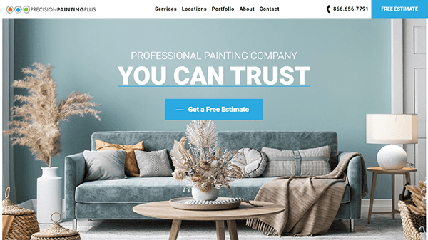 A living room with a blue sofa, beige rug, and modern decor, featuring a banner that reads "Professional Painting Company You Can Trust." A button labeled "Get a Free Estimate" is at the center.