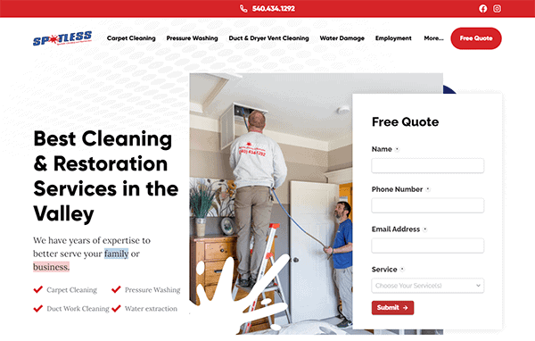 A cleaning professional cleans an air duct while another stands by; a form for a free quote appears on the right, and the best cleaning services, including pressure washing, are listed on the left.