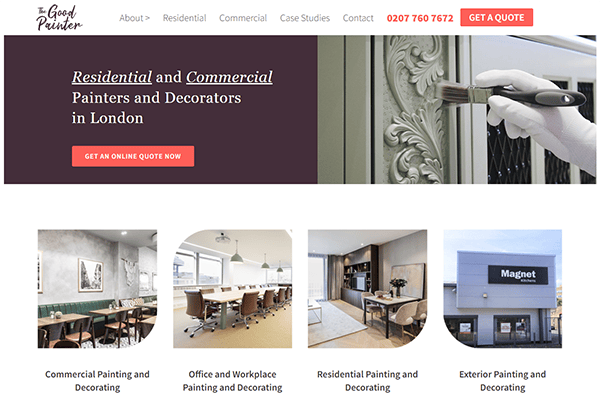A webpage for "The Good Painter" featuring residential and commercial painting services. It includes a contact number, "Get a Quote" button, and images of painting, offices, homes, and exterior work.