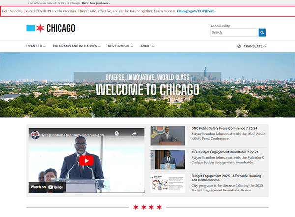 Screenshot of the official City of Chicago website's homepage, featuring a banner image with the text "Diverse, Innovative, World Class. Welcome to Chicago" and various sections for news and updates.