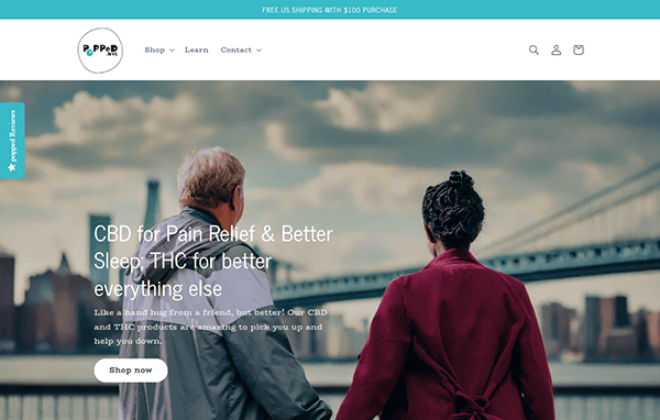 A couple walks hand in hand with a bridge in the background, illustrating tranquility and connection. The image promotes CBD and THC products as ideal choices for pain relief and better sleep, inspired by the 20 best CBD website designs that prioritize wellness.