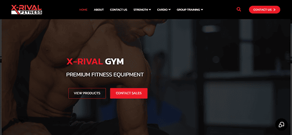 Discover the X-Rival Fitness homepage, recognized as one of the best fitness websites. Showcasing a muscular persona, it features "Premium Fitness Equipment" with easy buttons to view products and contact sales for an unmatched online experience.